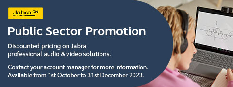 Jabra - Public Sector Promotion - Discounted pricing on Jabra professional audio & video solutions. Contact your account manager for more information. Available from 1st October to 31st December 2023